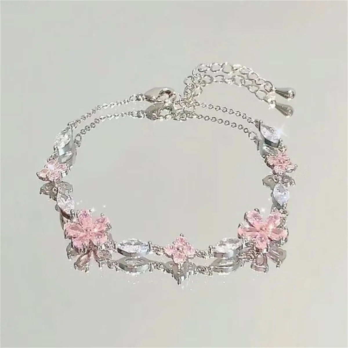 Korean Elegant Cherry Blossom Bow Zircon Bracelet For Women Y2K Sweet Girls Crystal Flowers Bracelets Wedding Party Jewelry Gift