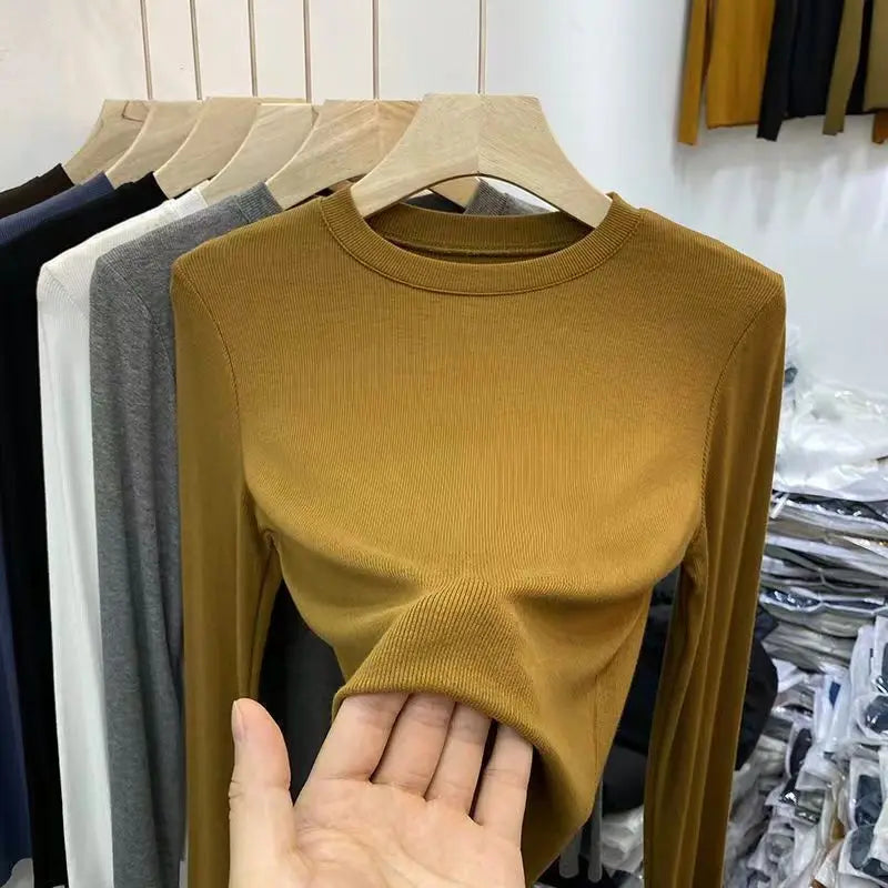 Autumn Office Lady Basic O-Neck Slim T-Shirt Women Solid Multi Color All-Match Trend Casual Top Screw Thread Long Sleeve Elastic