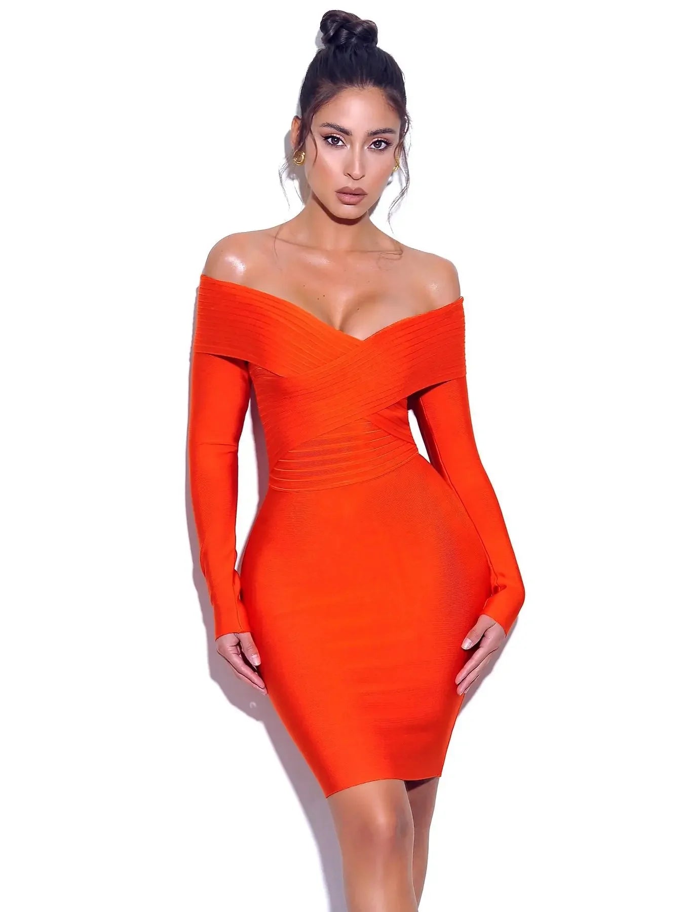 2022 New Autumn Winter Long Sleeve Striped V-Neck Sexy Tie Dress Amazon Best Seller Orange Color Independent Station Dress