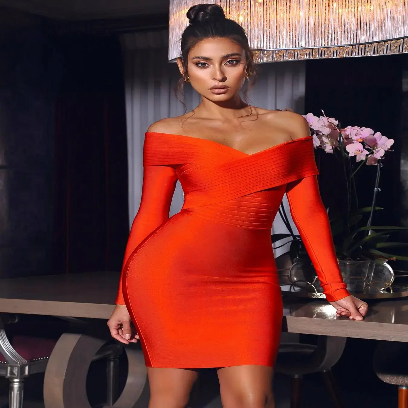 2022 New Autumn Winter Long Sleeve Striped V-Neck Sexy Tie Dress Amazon Best Seller Orange Color Independent Station Dress