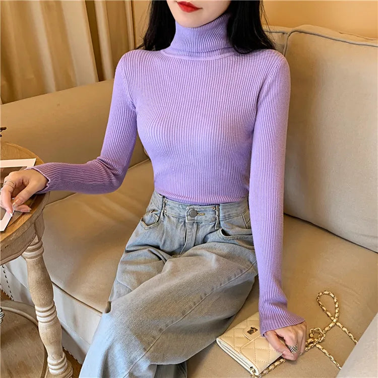 2024 Autumn Winter Women Long Sleeve Knitted Foldover Turtleneck Ribbed Pull Sweater Soft Warm Femme Jumper Pullover Clothes