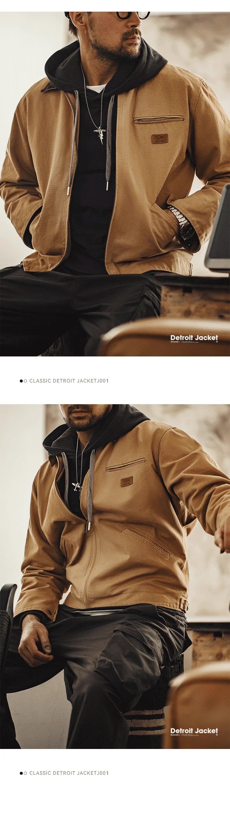 Maden Retro Canvas Detroit Hunting J001 Jacket with Heavyweight Cotton Pockets Design Lapel Collar Zipper Coat for Men's Autumn