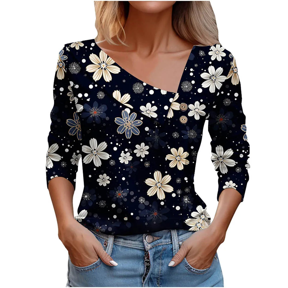 T Shirt For Women Fashion Long Sleeve Top White Floral Print Shirts And Blouses Autumn Winter Clothes For Women