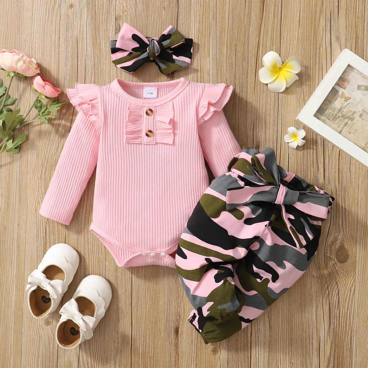 0-18 Months Newborn Baby Girl Clothes Set Infant Girl Long Sleeve Bodysuit + Camouflage Pants + Headband Cotton Clothing Suit