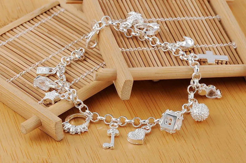 Fashion 925 Sterling Silver Bracelet for Woman Pretty Heart Zircon Pendant Chain Wedding Party Gifts Classic Jewelry 20CM 8inch