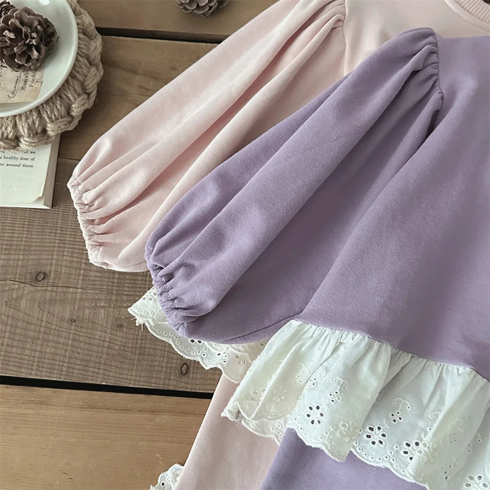 2025 Spring New Baby Long Sleeve Clothes Set Infant Girls Solid Lace Sweatshirt + Flared Pants 2pcs Suit Toddler Casual Outfits