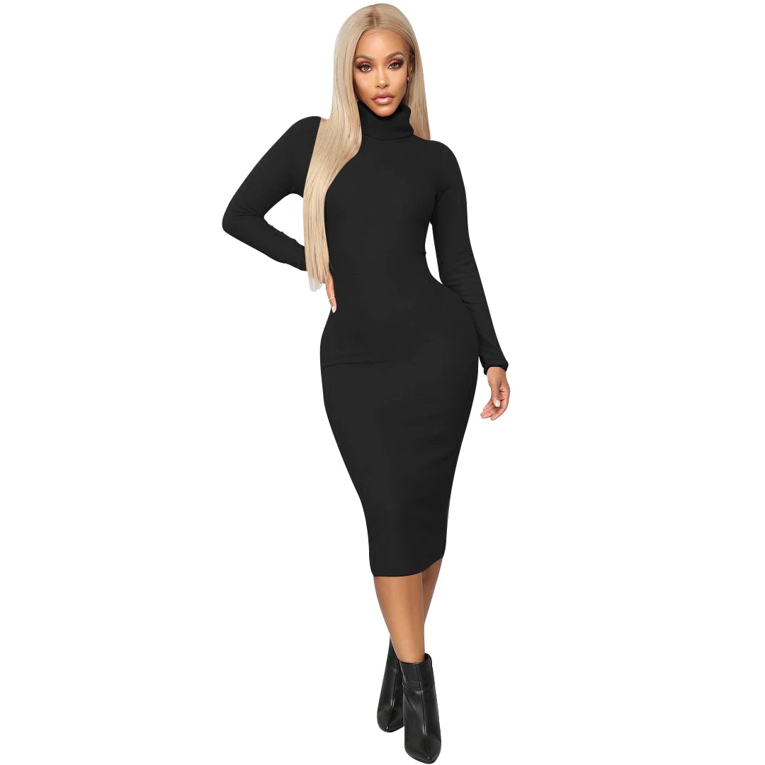 Spring Long-Sleeved High Collar Slim Longuette Dress with Elastic  Fit Design