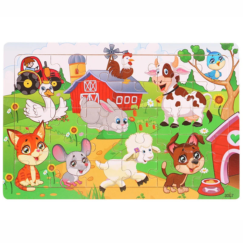 30 Pieces Wooden Jigsaw Puzzle Kids Cartoon Animal Vehicle Puzzles Games Baby Early Learning Educational Toys for Children