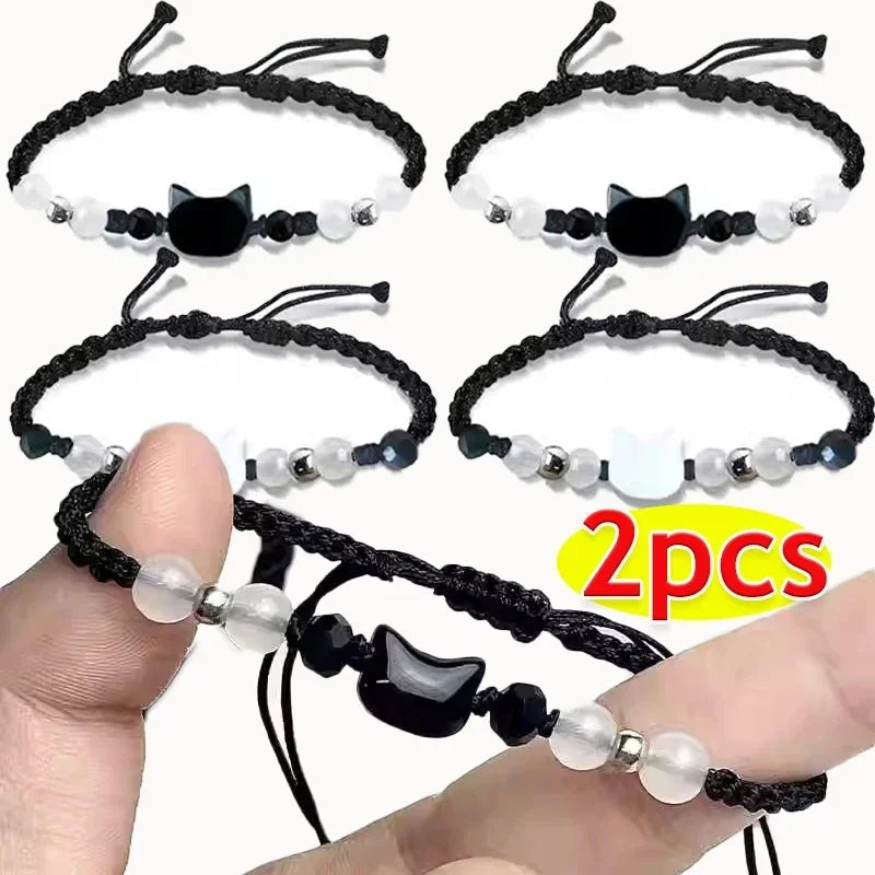 2pcs Natural Moonstone Obsidian Bracelets Couple Minimalist Bracelet Handmade Cute Black White Cat Bracelet Party Jewelry Gifts