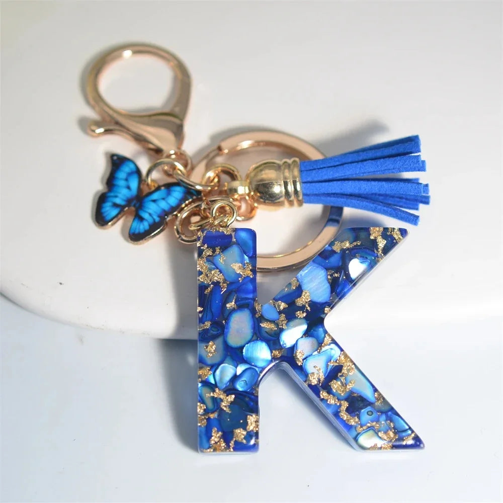 Fashion Blue Glazed Stone A To Z Letter Keychain 26 Initials Alphabet Butterfly Tassel Pendant Car Key Chain Women Jewelry GIfts