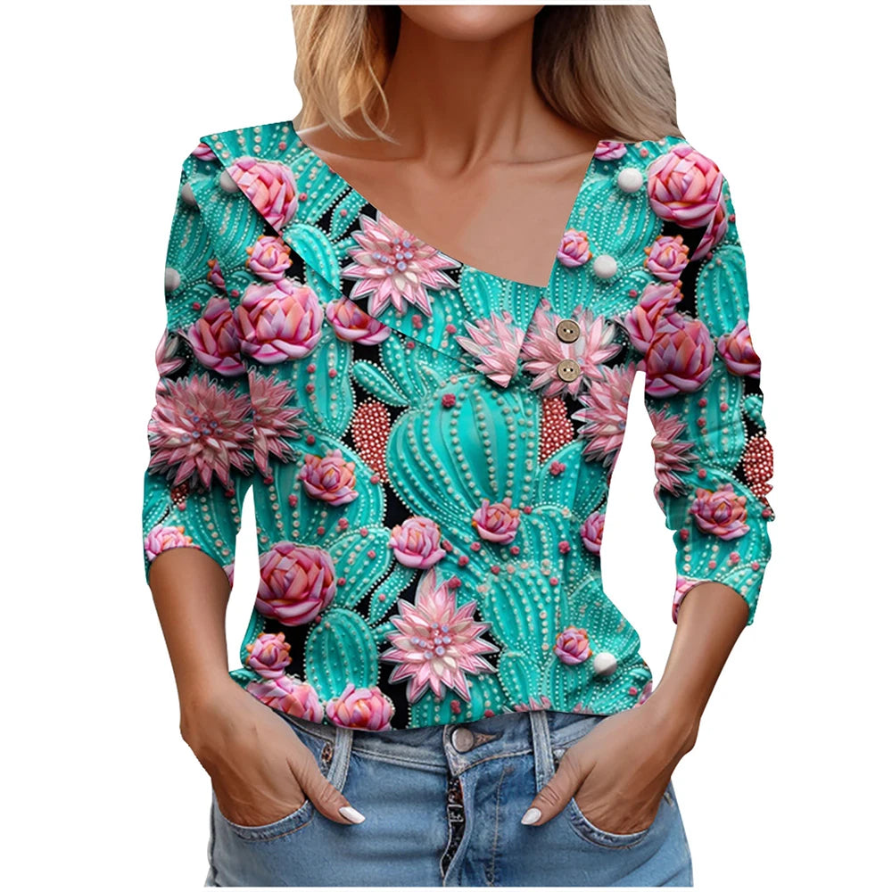 T Shirt For Women Fashion Long Sleeve Top White Floral Print Shirts And Blouses Autumn Winter Clothes For Women