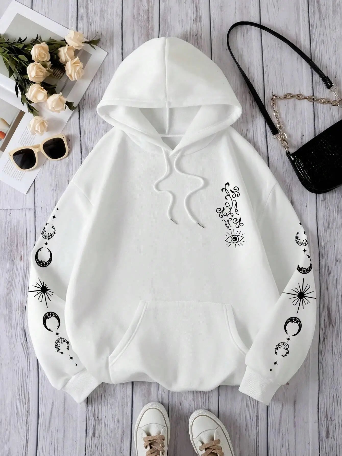 Star Sun Moon Eye Personality Pattern Women's Sweatshirt Vintage Oversize Hooded Street Casual Hoodie Autumn Simple Soft Clothes