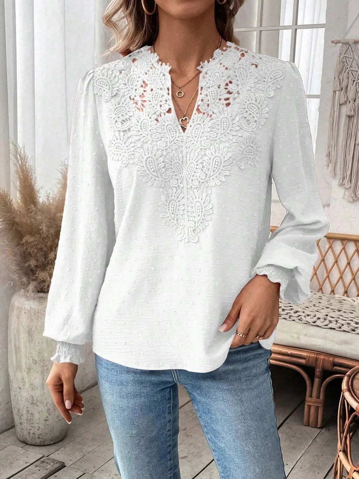 Luxury Lace Hollowed V-Neck Shirt Women Solid Color Long Sleeve Top Office Lady Elegant Daily Blouse