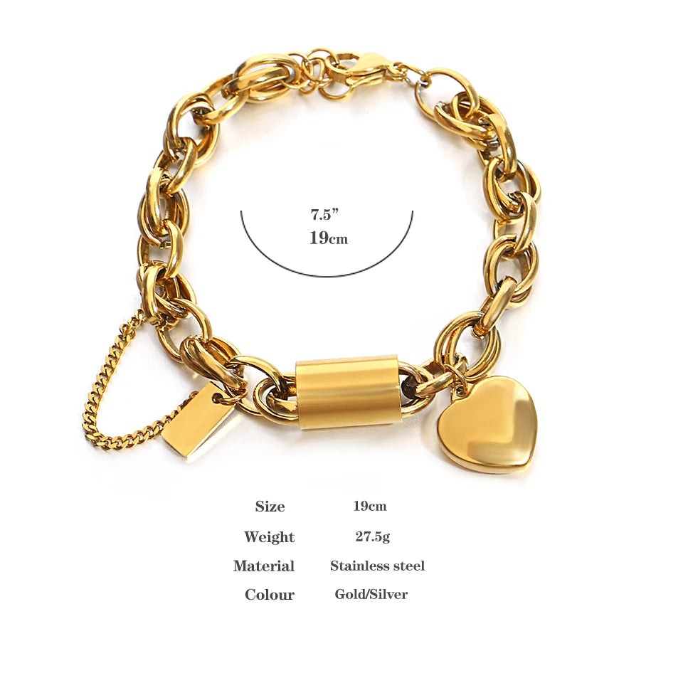 Heart Lock Stainless Steel Charm Bracelet Chunky Gold Plated Chain Love Bracelets Christmas Valentine Gift