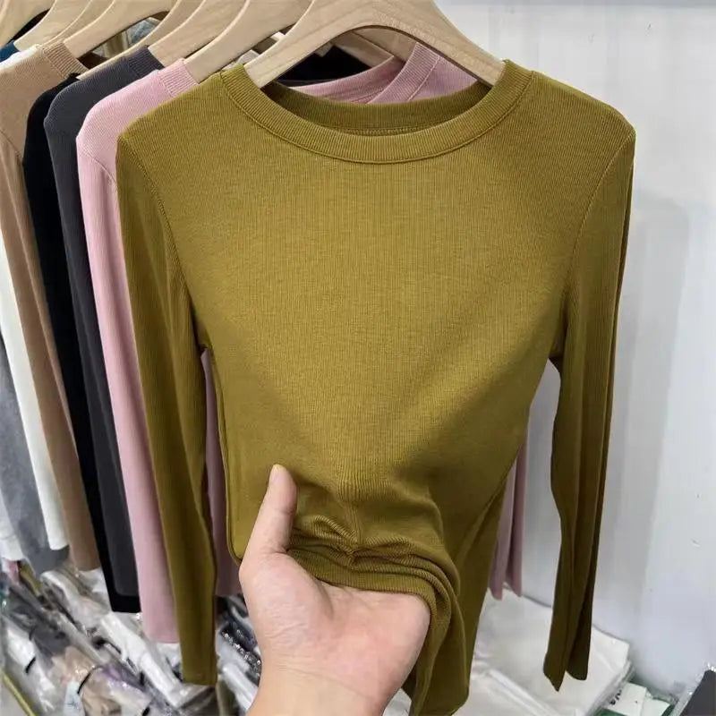 Autumn Office Lady Basic O-Neck Slim T-Shirt Women Solid Multi Color All-Match Trend Casual Top Screw Thread Long Sleeve Elastic