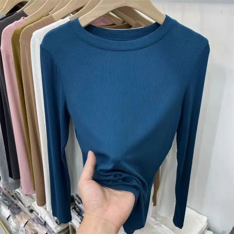 Autumn Office Lady Basic O-Neck Slim T-Shirt Women Solid Multi Color All-Match Trend Casual Top Screw Thread Long Sleeve Elastic