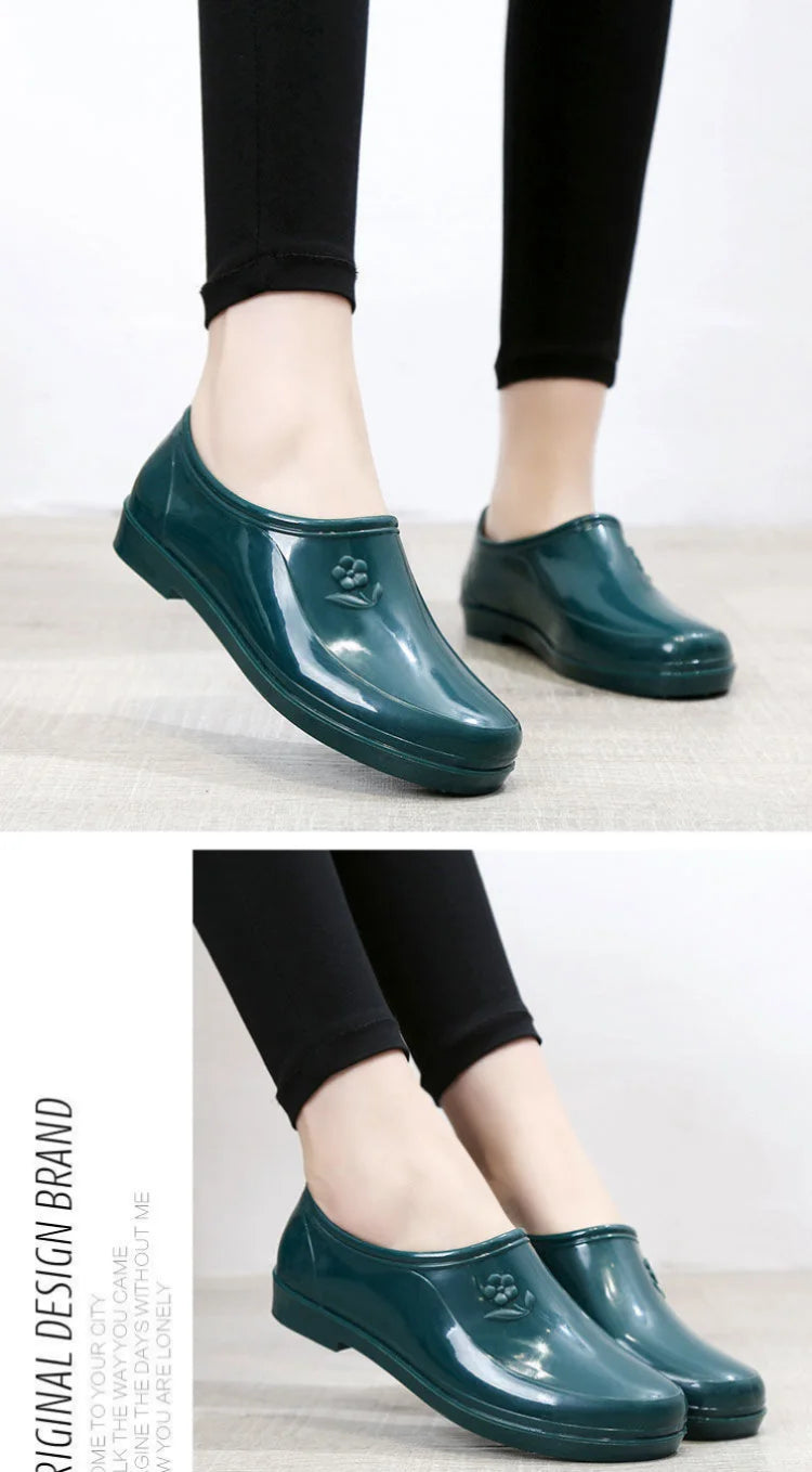 Spring Autumn Four Seasons Waterproof Anti-slip Low Heel Women Rain Boots Tube Light Pocket Kitchen Work Outdoor Rubber Boots