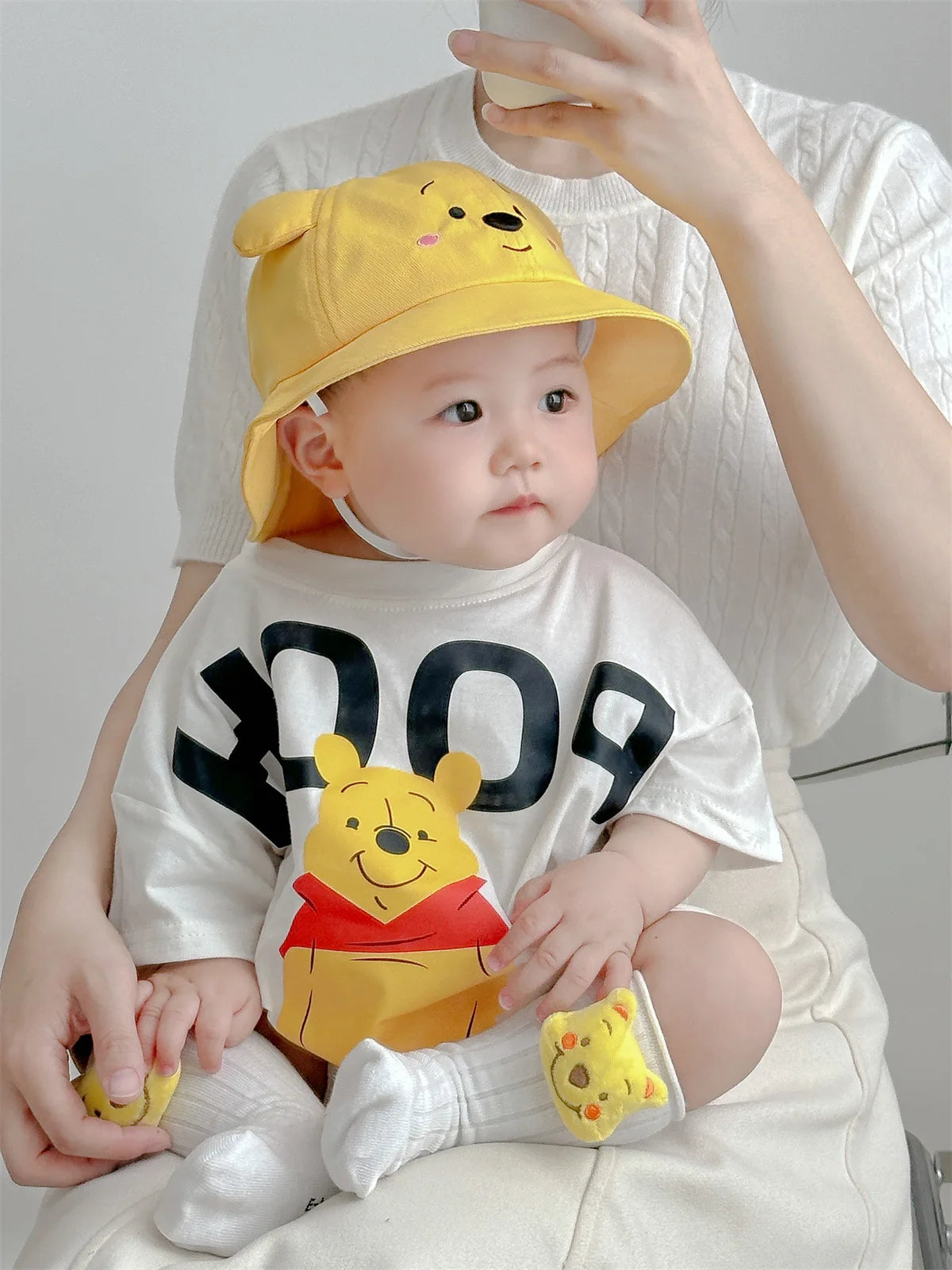 Disney Cartoon Pooh Bear Bodysuits Treasure Bag Fart Clothes Cotton Soft Summer Baby Clothes Newborn Photography Romper K5652