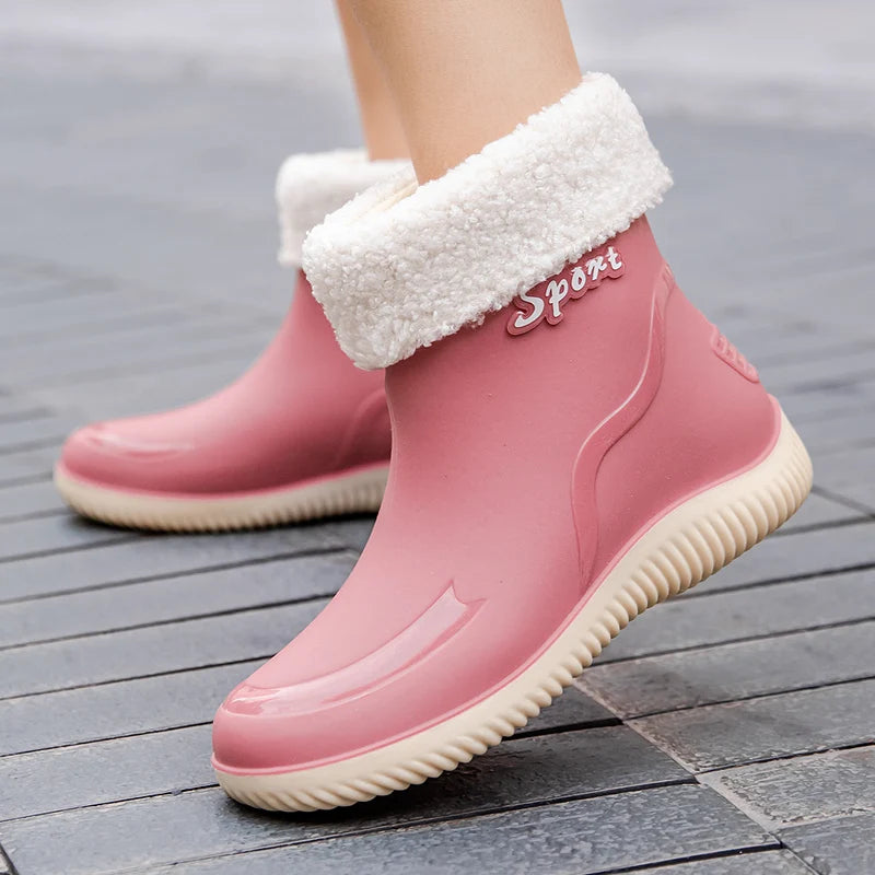 2024 New Women's Rain Shoes Winter Cotton and Velvet Medium Tube Rain Boots Work Non-slip Fashion Rubber Shoes Adult Water Shoes