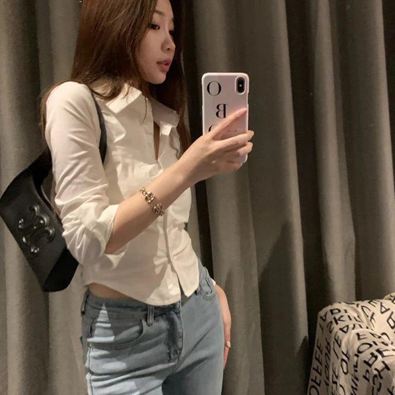 Gidyq Elegant Women Korean Shirts Fashion Streetwear Female Slim Blouse Spring Y2K Casual Office Ladies Sexy Cropped Tops New