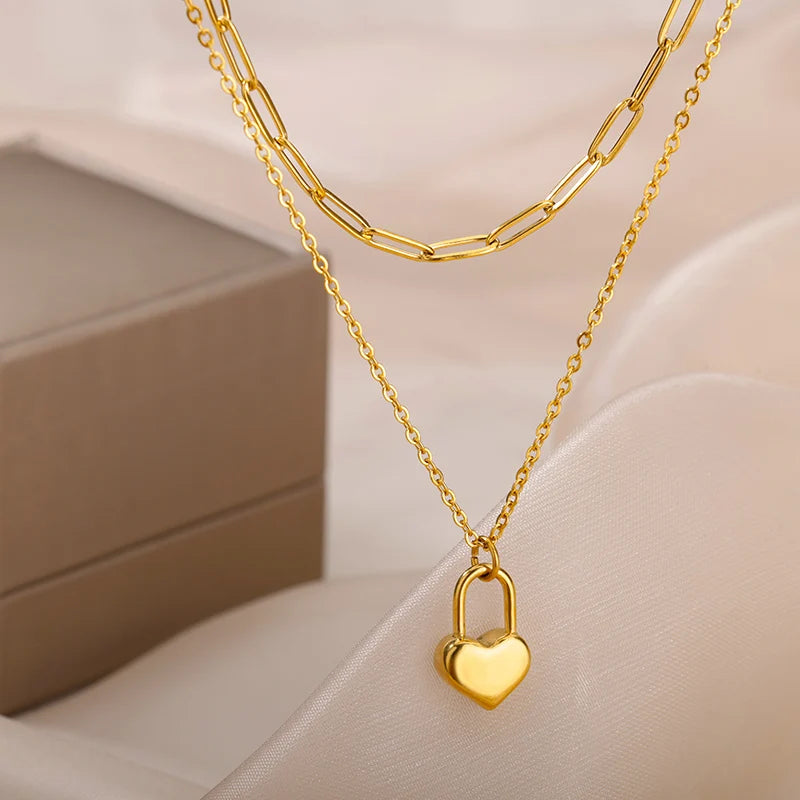 Multilayer Heart Necklaces For Women Stainless Steel Gold Color Evil Eye Pendant Chain Choker Necklace Wedding Jewerly Gift