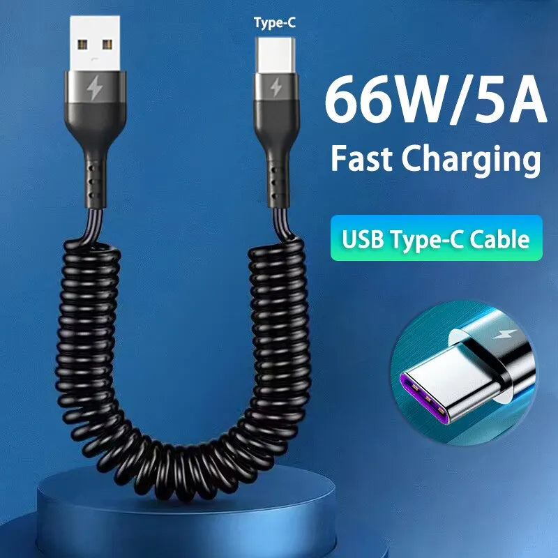 66W 5A Fast Charging Type C Cable Spring Telescopic Car Phone Charger USB Cable