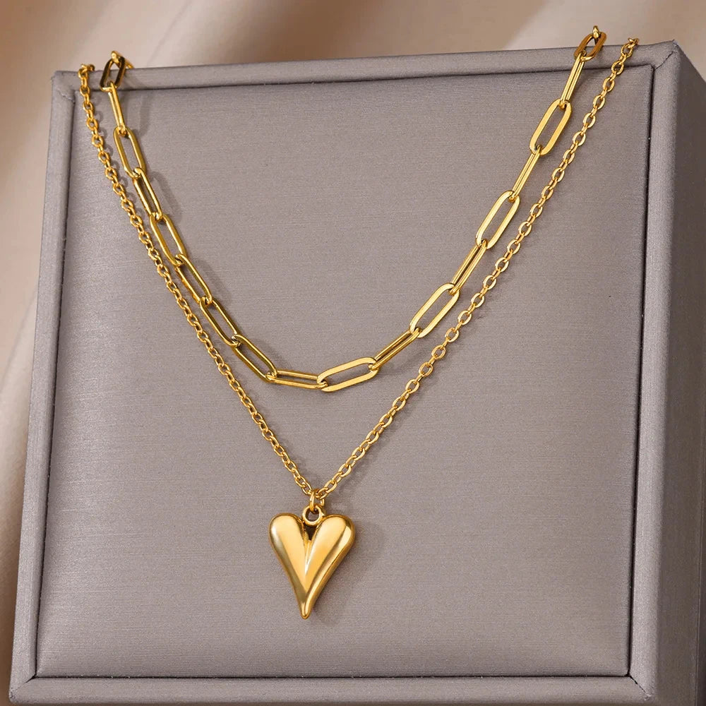 Multilayer Heart Necklaces For Women Stainless Steel Gold Color Evil Eye Pendant Chain Choker Necklace Wedding Jewerly Gift