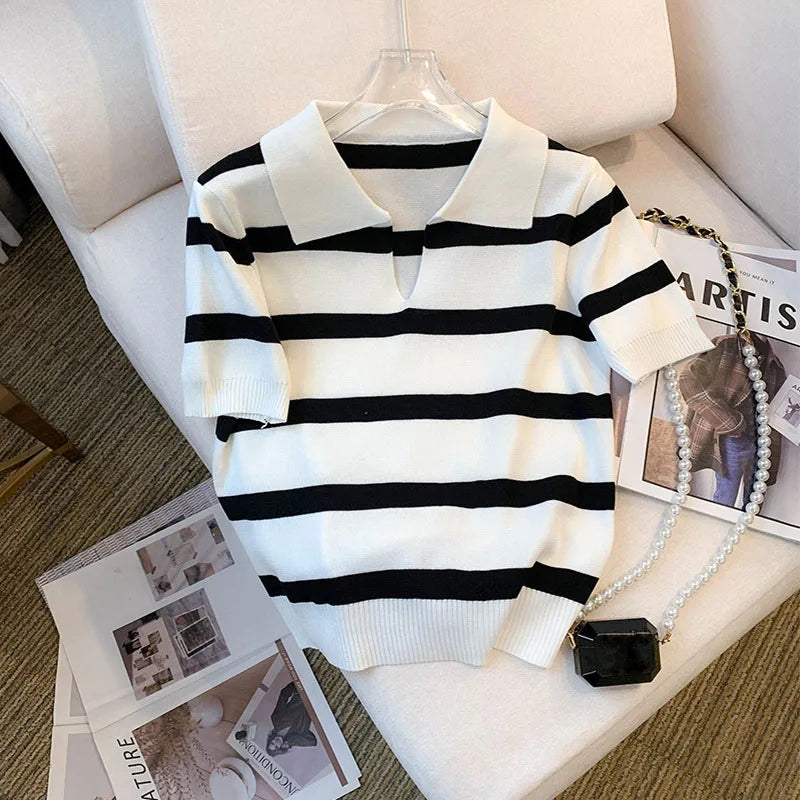 New Striped Pattern Collared Sweater Versatile Short Sleeve Knitted Top For Spring & Summer Women's Clothing Crop Top