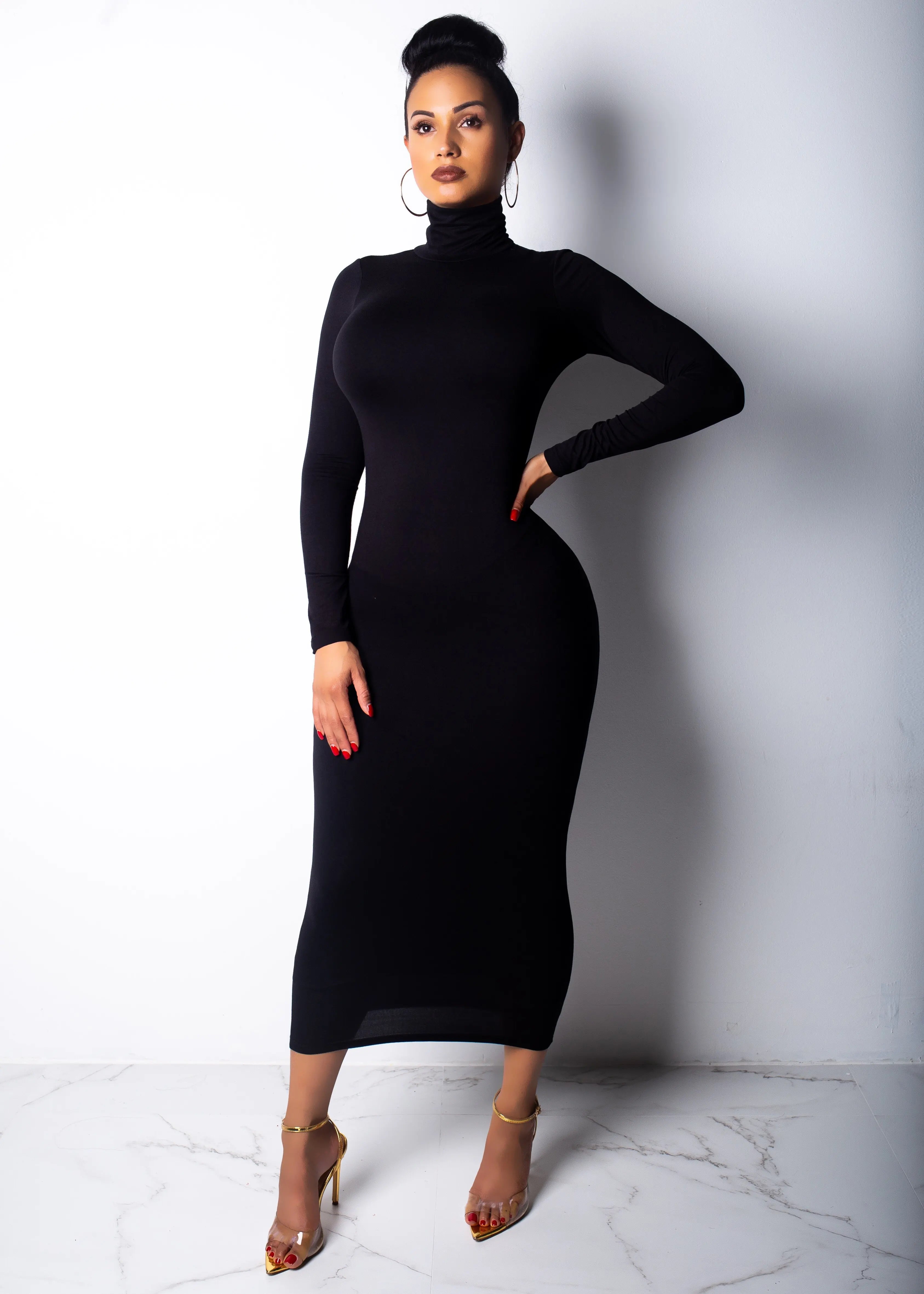 Spring Long-Sleeved High Collar Slim Longuette Dress with Elastic  Fit Design