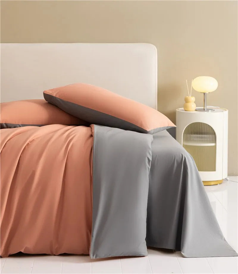 100%Brushed Cotton Solid Plain Reversible Duvet cover+2Pcs Pillowcases Twin Double Queen King size 3Pcs Soft Bedding set