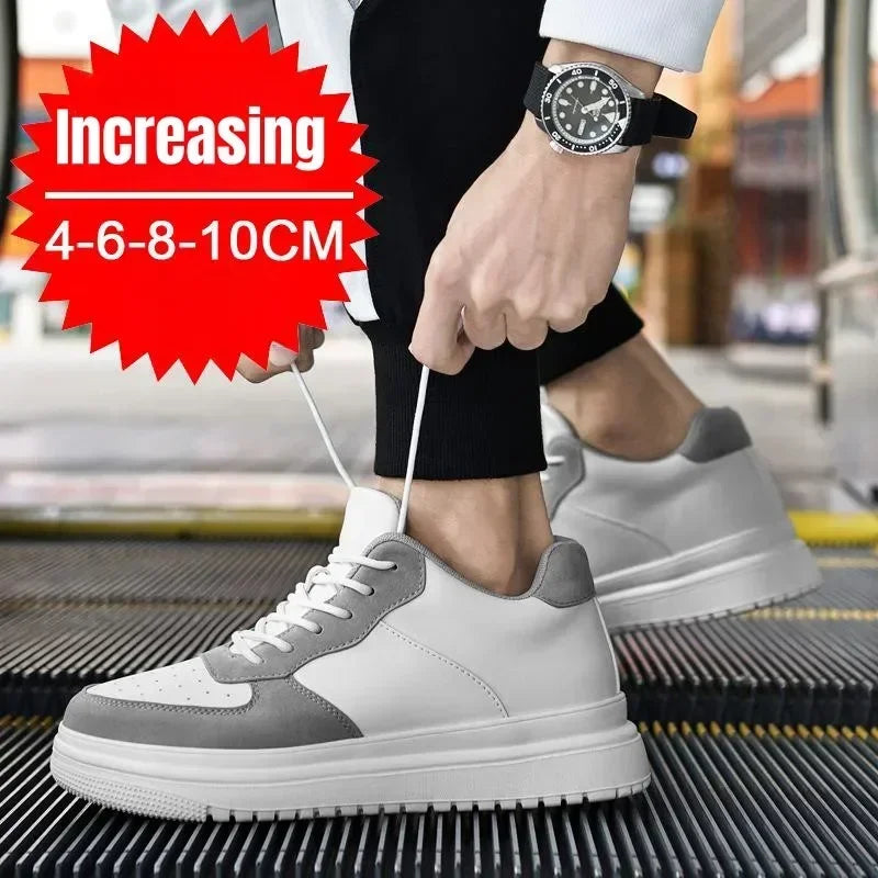 PDEP New Height Increasing Shoes for Men 10cm Invisible Elevator Sneakers White Leathe Sport Zapatillas De Hombre Big Size 46