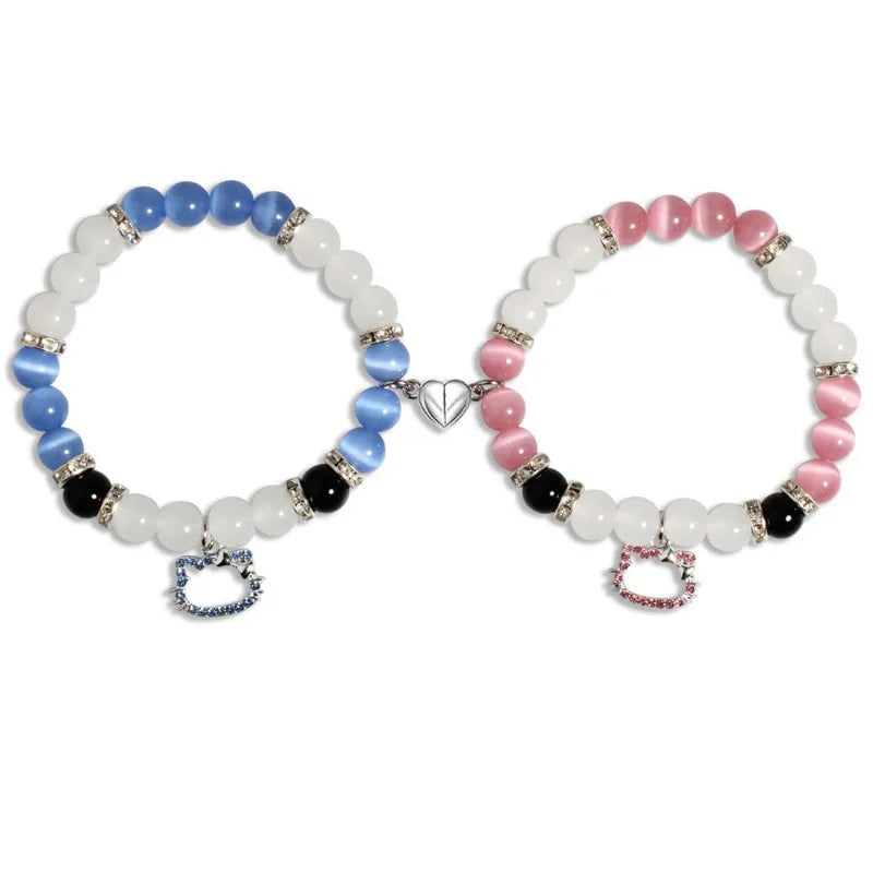 2Pcs/Set Pink Color Hello Cat Beaded Bracelets for Women Heart Magnetic Matching Couple Bracelets Girls Festival Jewelry Gifts