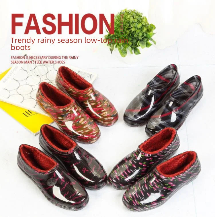 Spring Autumn Four Seasons Waterproof Anti-slip Low Heel Women Rain Boots Tube Light Pocket Kitchen Work Outdoor Rubber Boots