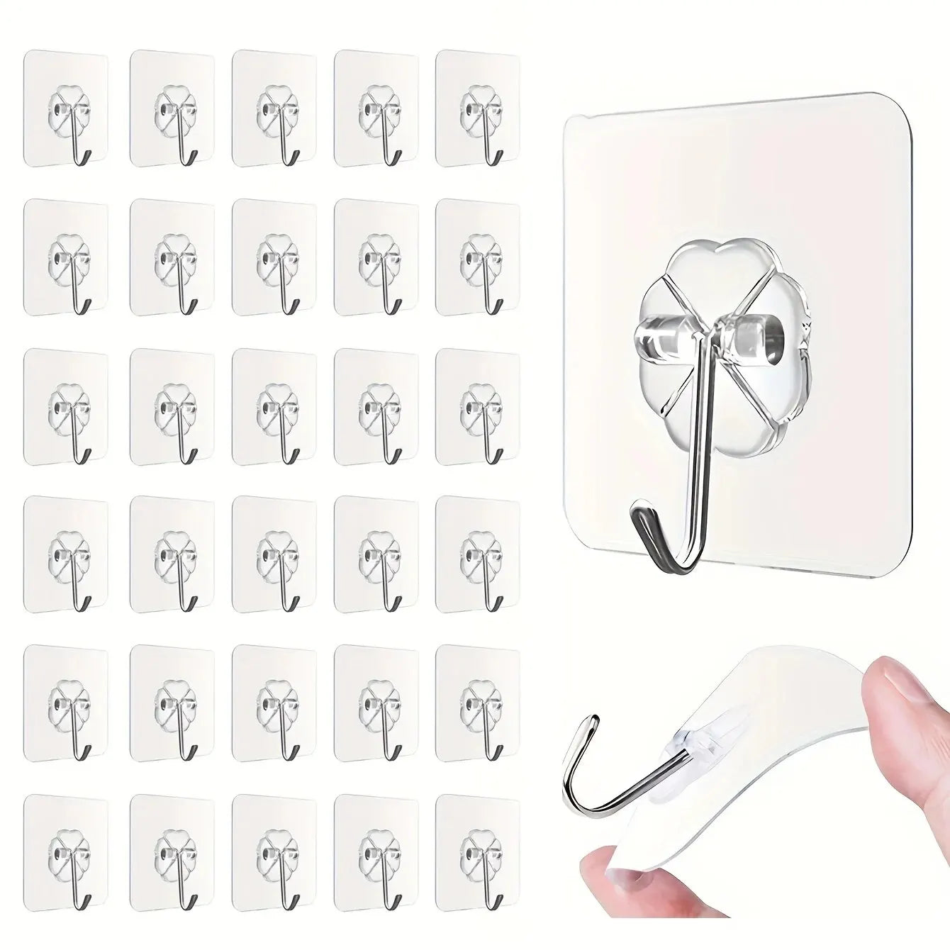 30pc Transparent Wall Mount Hooks - Strong Grip, Traceless, Easy Install