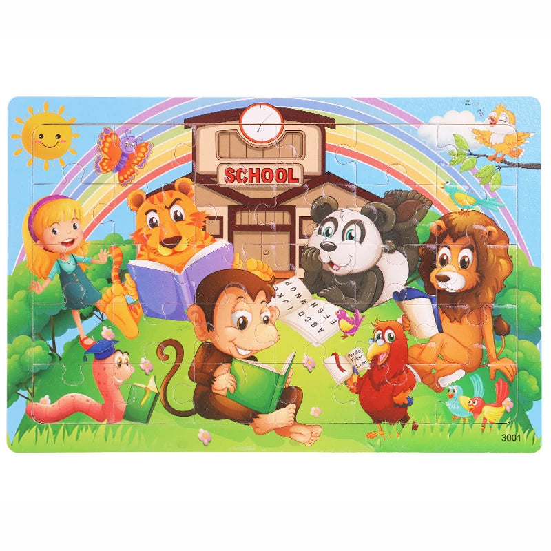 30 Pieces Wooden Jigsaw Puzzle Kids Cartoon Animal Vehicle Puzzles Games Baby Early Learning Educational Toys for Children