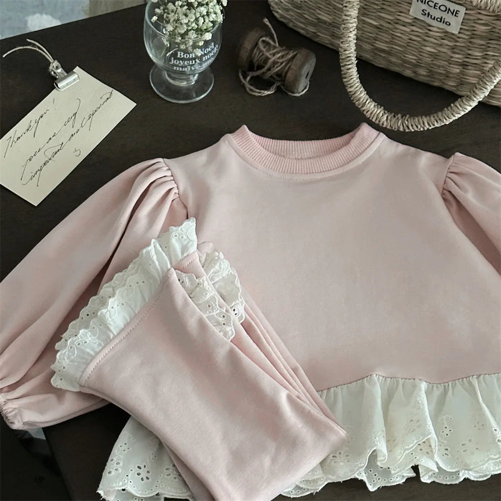 2025 Spring New Baby Long Sleeve Clothes Set Infant Girls Solid Lace Sweatshirt + Flared Pants 2pcs Suit Toddler Casual Outfits