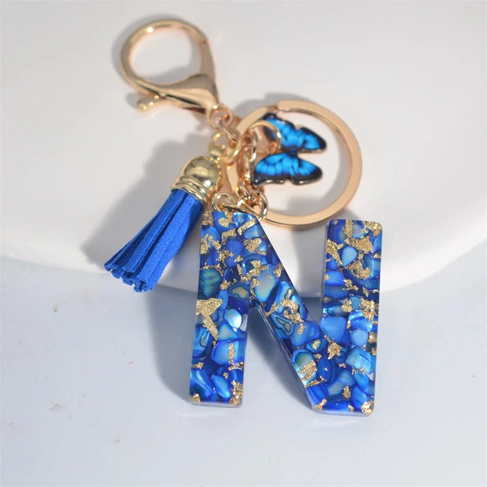 Fashion Blue Glazed Stone A To Z Letter Keychain 26 Initials Alphabet Butterfly Tassel Pendant Car Key Chain Women Jewelry GIfts