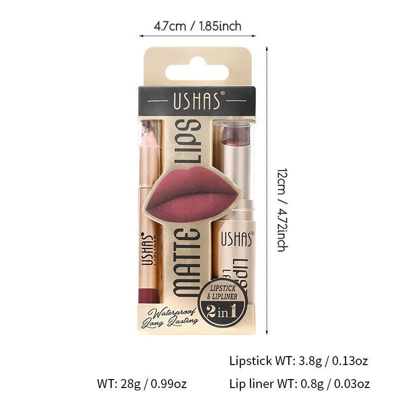 USHAS 12-Color Matte Lipstick & Liner Set - Long-Lasting, Waterproof, Non-Stick