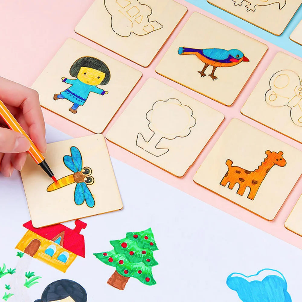 20pcs Montessori Kids Drawing Toys Wooden DIY Painting Template Stencils Learning Educational Toys for Children Wooden Toy Gift