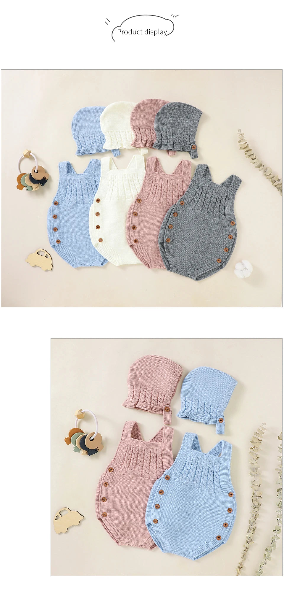 Baby Bodysuits Clothes Spring Autumn Sleeveless Knitting Newborn Boys Girls Solid Onesie Hats Sets 2pcs Infant Coveralls Outfits