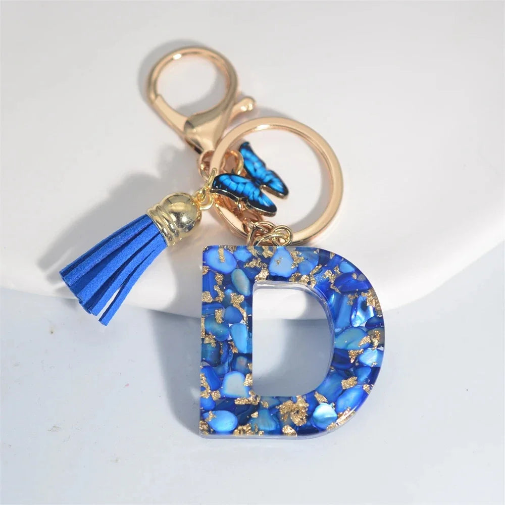 Fashion Blue Glazed Stone A To Z Letter Keychain 26 Initials Alphabet Butterfly Tassel Pendant Car Key Chain Women Jewelry GIfts