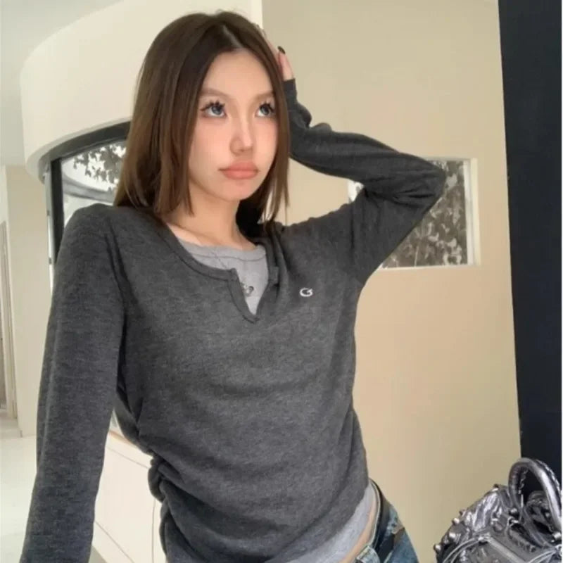 2024 Autumn Winter Long Sleeves Korean Fashion Style O-neck Tshirt For Women Fake two items T-shirts Ladies Top Tee Clothes