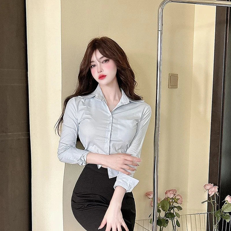 Gidyq Elegant Women Korean Shirts Fashion Streetwear Female Slim Blouse Spring Y2K Casual Office Ladies Sexy Cropped Tops New