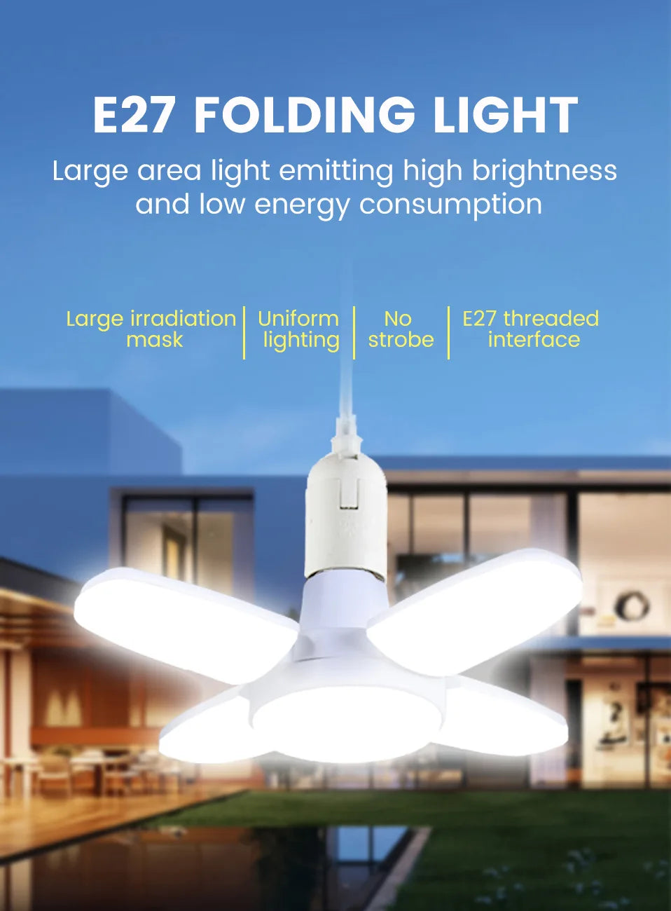 Fan Foldable 28W LED Bulb - 40W Deformable Ceiling Light for Home & Garage 6500K