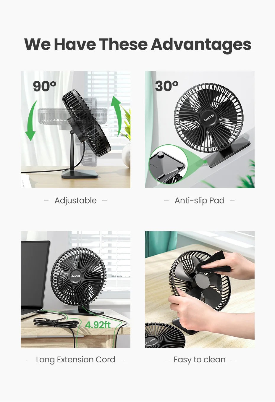 GAIATOP Desk Fan Portable USB Fan 90° Adjustable Cooling Fan Mute 4 Speed Adjustment Ultra Quiet Suitable For Home Desk Office