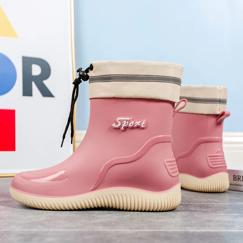 2024 New Women's Rain Shoes Winter Cotton and Velvet Medium Tube Rain Boots Work Non-slip Fashion Rubber Shoes Adult Water Shoes