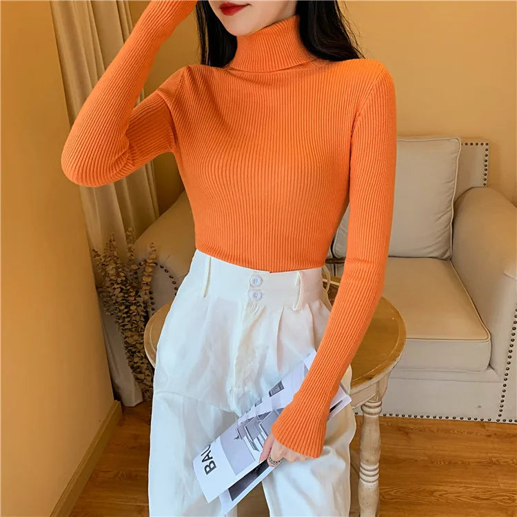 2024 Autumn Winter Women Long Sleeve Knitted Foldover Turtleneck Ribbed Pull Sweater Soft Warm Femme Jumper Pullover Clothes