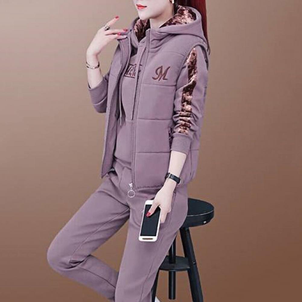 Fashion Warm Three Piece Set Women Outfit 2022 Fall Winter Thicken Tracksuit Casual Waistcoat + Hoodies + Pant Female Sweat Suit