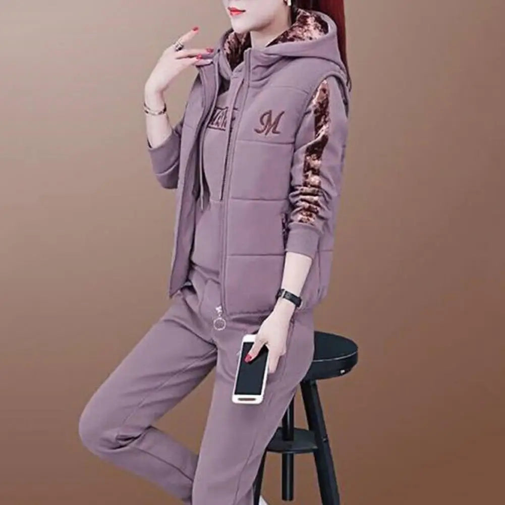 Fashion Warm Three Piece Set Women Outfit 2022 Fall Winter Thicken Tracksuit Casual Waistcoat + Hoodies + Pant Female Sweat Suit