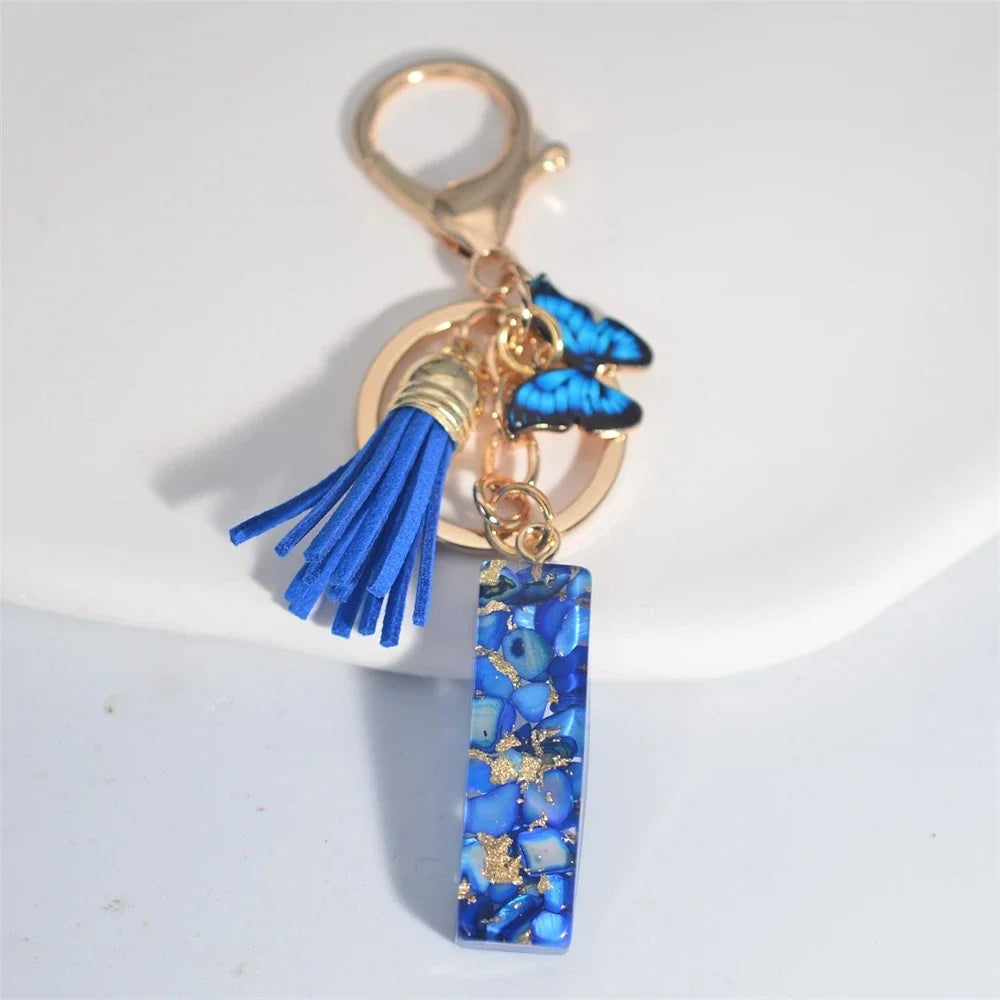 Fashion Blue Glazed Stone A To Z Letter Keychain 26 Initials Alphabet Butterfly Tassel Pendant Car Key Chain Women Jewelry GIfts